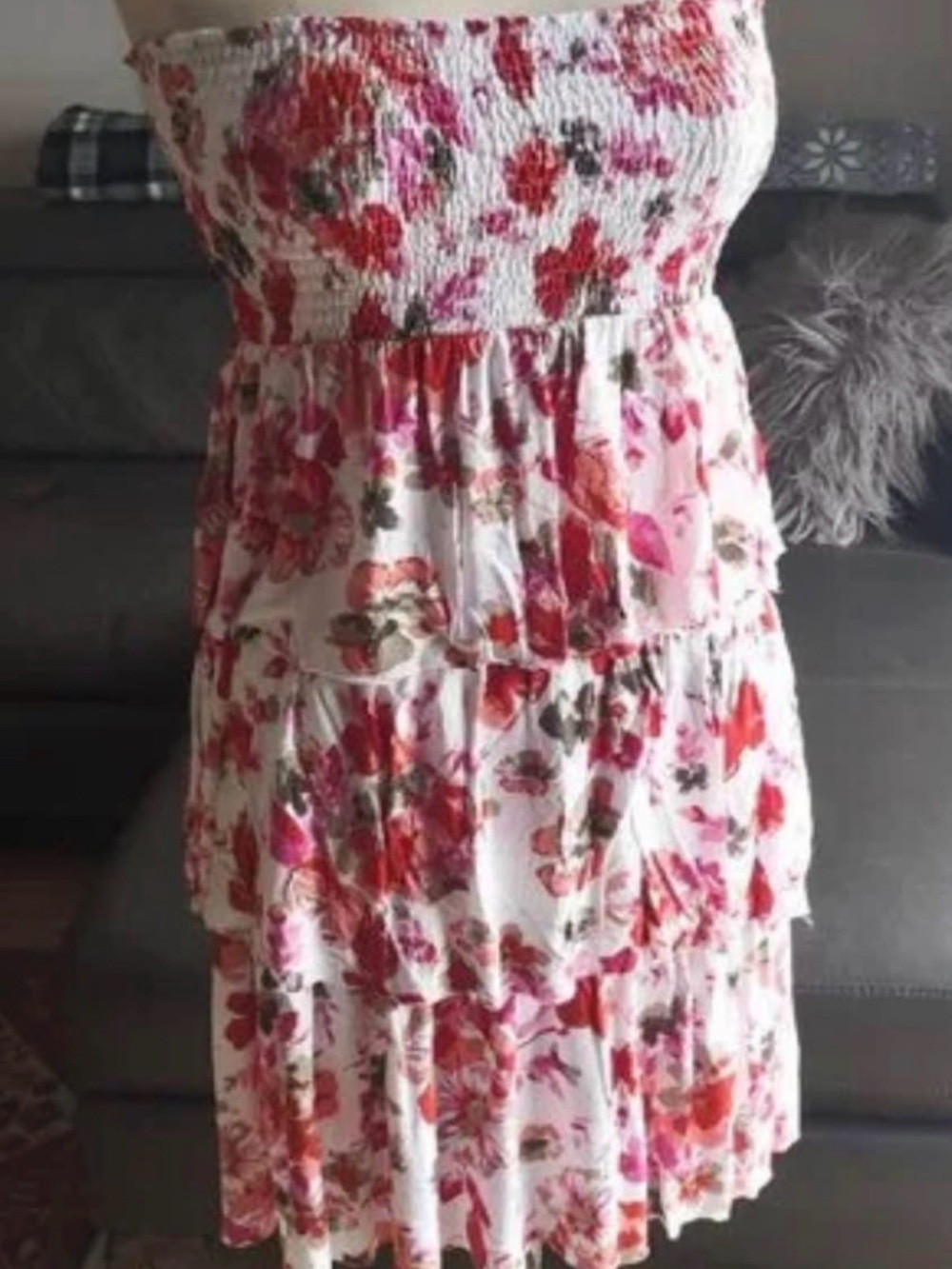 LASCANA for VENUS Floral Strapless Tiered Dress - Pink & Red Floral